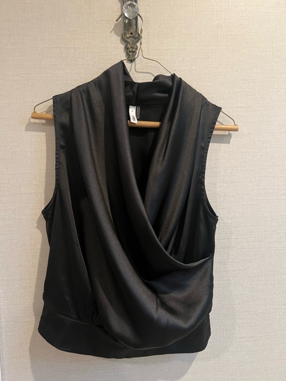 glam Black Satin Drape V-Neck Sleeveless Blouse